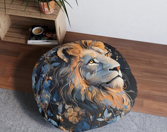 Majestic Lion Tufted Floor Pillow - Bohemian Home Decor, Animal Lover Gift, Cozy Lounge Cushion, Living Room Accent, Boho Style Round Pillow