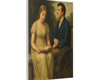 Artwork N. 08-Lettura nel Parco. Stretched Satin Canvas Wall Art, Home Decor, Literary Couple Artwork, Ideal Gift for Weddings