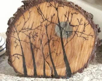Oak Wood Painting, Art, Decorating with Painted Trees, Trunk Slice with Epoxy Resin