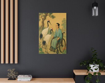 Artwork N. 15-Due Gru nel Giardino. Joyful Cranes Satin Canvas Art, Inspirational Wall Decor, Nature Print, Unique Gift, Bird Artwork