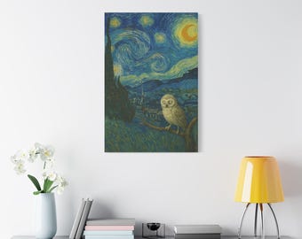 Artwork N. 12-La Notte Stellata. Canvas Wall Art, Starry Night Owl, Home Decor, Unique Gift, Living Room Decor, Satin Stretched Artwork