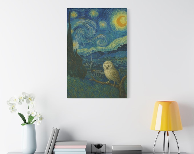 Featured listing image: Artwork N. 12-La Notte Stellata. Canvas Wall Art, Starry Night Owl, Home Decor, Unique Gift, Living Room Decor, Satin Stretched Artwork