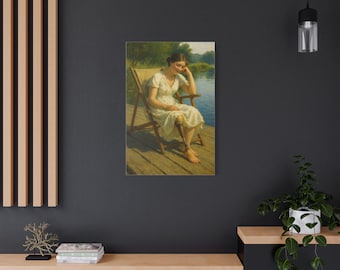 Artwork n27 Un pensiero sulla riva. Serene Satin Canvas Art, Vintage Girl. Home Decor, Gift for Art Lovers, Inspirational Wall Art
