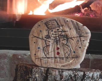 One-of-a-kind Snowman on a Carved Oak Wood Slice | Pyrography Christmas Decoration