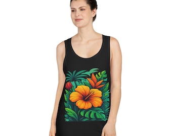 Tropical Floral Tank Top | Summer Vibes, Beachwear, Vacation Essential, Hibiscus Print, Unisex Apparel