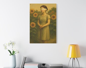 Stretched Canvas Artwork, Vintage Blindfolded Girl, Home Decor, Wall Art, Gift for Art Lovers, Minimalist Aesthetic, Nature-Inspired