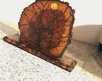 Rustic Oak Trunk Art - Natural Painting - Moon and Trees, Acrylic and Epoxy Resin Painting