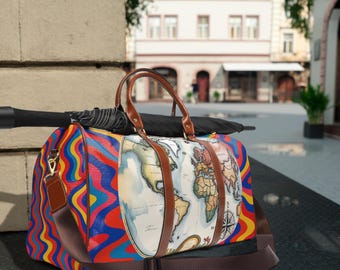Waterproof Travel Bag with World Map Design Colorful Adventure Tote, Weekender Gift for Travelers, Stylish Gym Bag