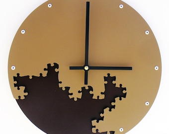 Retro Puzzle Piece Wall Clock – Dark Brown Metal Art for Game Room – Laser Cut Geeky Decor – Unique Gift for Nerds & Craft Rooms, Puzzle III
