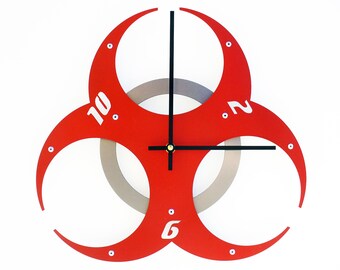 Biohazard Wall Clock, Red Creepy and Spooky Halloween Decoration, Industrial Laser Cut Gothic Wall Decor, Man Cave Clock, II