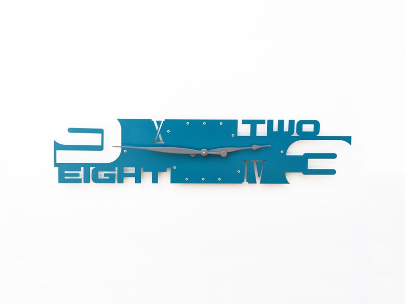 Outnumbered V Handmade Wall Clock / Industrial Metal Art / Modern Home Decor Rectangular Shape / Roman Numeral Number Laser Cut Lagoon Blue image 1