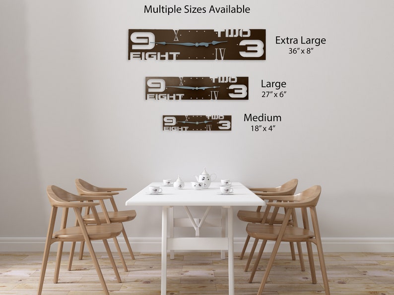 May include: A brown metal clock with white Roman numerals and white numbers. The clock face says "Nine Two Three" and "Eight Four". The clock is available in three sizes: Extra Large (36 inches by 8 inches), Large (27 inches by 6 inches), and Medium (18 inches by 4 inches).