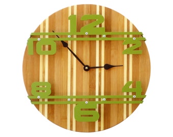 Bamboo I Wood Wall Clock / Modern Metal Art / Wooden Reclaimed Reclaim Barn Steel / Bohemian Shabby Chic Lime Green Emerald / Home Decor