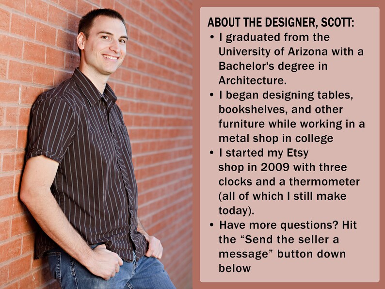 May include: A man wearing a striped shirt and jeans stands in front of a brick wall. The text next to him reads "ABOUT THE DESIGNER, SCOTT:" and lists his background in architecture and design.