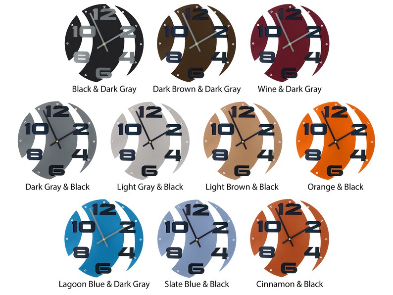May include: A set of ten wall clocks with different color combinations. Each clock features a unique design with a swirling pattern and black numbers. The colors include black, dark gray, dark brown, light gray, light brown, wine, orange, lagoon blue, slate blue, and cinnamon.