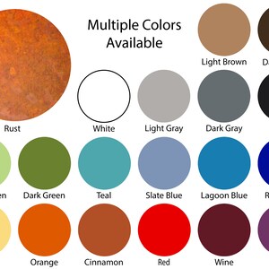 May include: A chart showing 18 different color options for a product. The colors include rust, white, light gray, dark gray, black, light green, dark green, teal, slate blue, lagoon blue, royal blue, yellow, orange, cinnamon, red, wine, and purple.