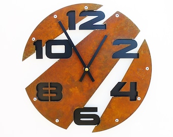 Steampunk Wall Clock / Rustic Metal Art Round Circle Shape / Modern Decor Farmhouse Distressed Retro Number Time / Bold Laser Cut Slice I