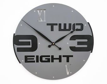 Outnumbered I Dark Gray Wall Clock / Industrial Modern Large Metal Art Deco / Interesting Original Unique Home Office / Roman Numeral Number