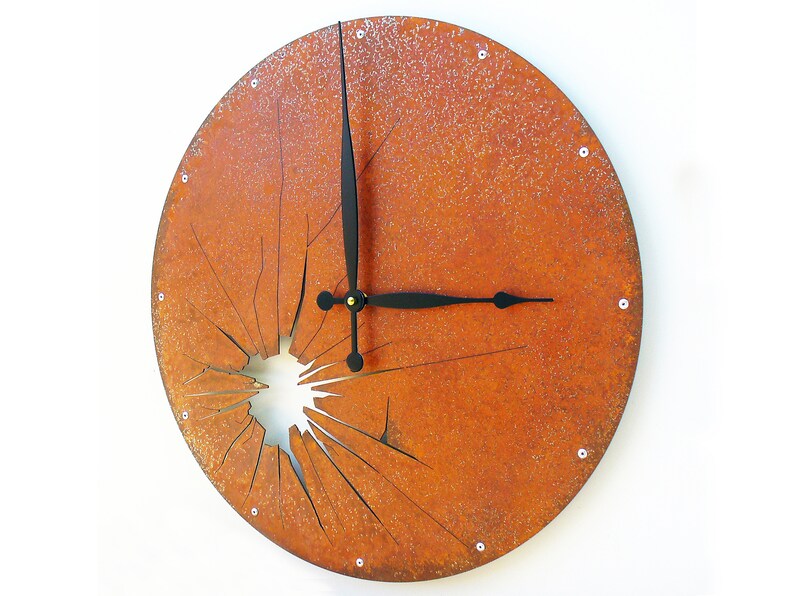 Shattered Metal Wall Clock, Modern Rustic Metal Art, Handmade Unusual Round Circle Clock, Unique Industrial Steampunk Decor, Country Clock image 2