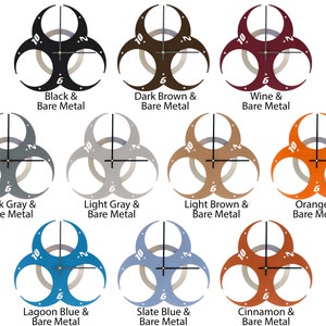 May include: Ten different color variations of a biohazard symbol clock. The clock face is a circle with numbers 1 through 12 and a set of hands. The clock is surrounded by three biohazard symbols. The colors include black, dark brown, wine, dark gray, light gray, light brown, orange, lagoon blue, slate blue, and cinnamon.