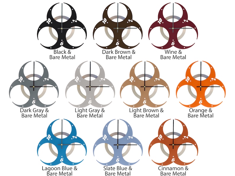 May include: Ten different color variations of a biohazard symbol clock. The clock face is a circle with numbers 1 through 12 and a set of hands. The clock is surrounded by three biohazard symbols. The colors include black, dark brown, wine, dark gray, light gray, light brown, orange, lagoon blue, slate blue, and cinnamon.