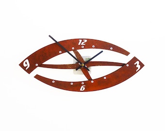 Rustic Modern Wall Clock | Eye-Shaped Minimalist Design in Distressed Rust Finish | Sweep I