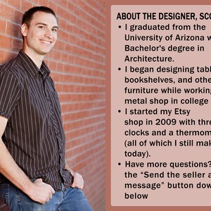 May include: A man wearing a striped shirt and jeans stands against a brick wall. The text next to him reads "ABOUT THE DESIGNER, SCOTT:" and lists his background in architecture and design.