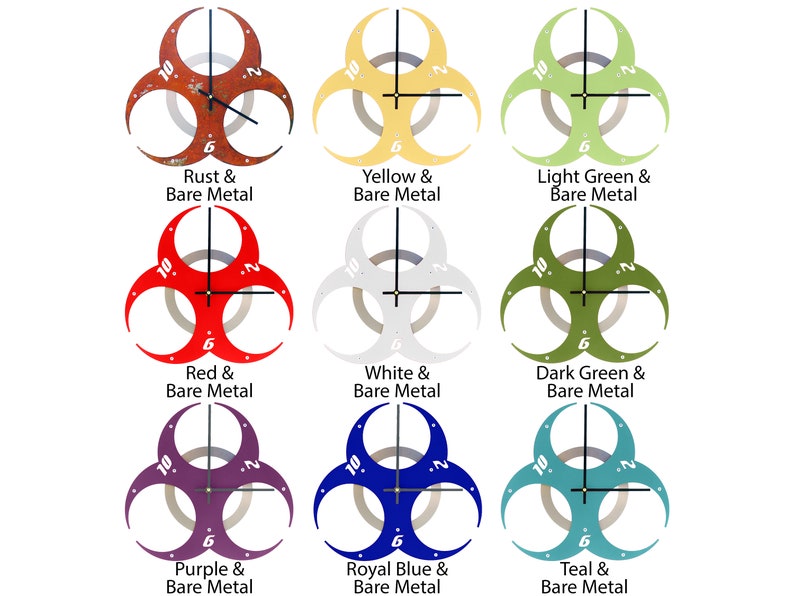 May include: Nine biohazard symbol clocks in different colors, including rust, yellow, light green, red, white, dark green, purple, royal blue, and teal. Each clock has a black minute hand and a silver hour hand.