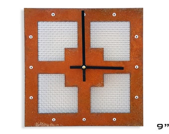 Mesh I Geometric Wall Clock / Rustic Southwestern Modern Metal Art / Indoor Outdoor Room Unique Home Decor / Laser Cut Minimalist Square