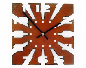 Rustic Square Metal Wall Clock | Industrial Modern Design with Cutout Numbers | Handmade Décor for Home or Office | Saw Blade I