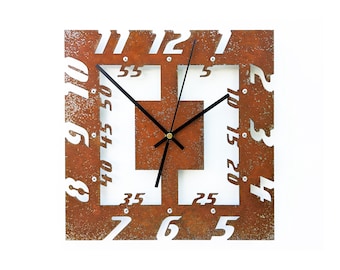 Rustic Square Metal Wall Clock – Weathered Farmhouse Steel Decor with Cutout Numbers – Industrial Vintage Style Home Accent – Radial II
