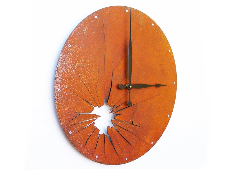 Shattered Metal Wall Clock, Modern Rustic Metal Art, Handmade Unusual Round Circle Clock, Unique Industrial Steampunk Decor, Country Clock image 3