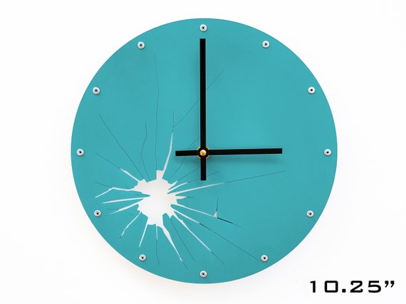 Art Deco Wall Clock Unusual Home Decor Odd Laser Cut Metal Teal Blue Steel Unique Modern Quiet Silent Non Ticking Broken Glass Shatter Home Decor Home Living Jan Takayama Com