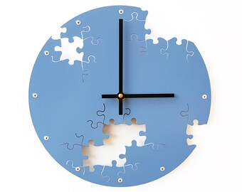 Puzzle IV Wall Clock / Slate Blue Metal Art / Laser Cut Unique Missing Piece Lost / Cyan Ice Sky Water Ocean Lake Denim / Unusual Odd Custom