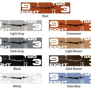 May include: A rectangular clock with white numbers and hands on a variety of colored backgrounds. The clock face reads "FIGHT" and "TWO" with the numbers "9" and "3" on either side. The background colors include rust, light gray, cinnamon, light brown, black, dark brown, white, and slate blue.