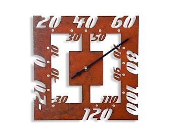Rustic Outdoor Thermometer – Weathered Steel Square Wall Art for Farmhouse Decor – Industrial Metal Patio Temperature Gauge – Radial II