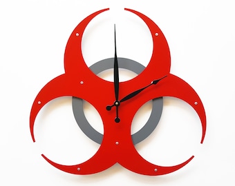 Modern Biohazard Wall Clock | Bold Red and Gray Industrial Design for Home or Office Decor