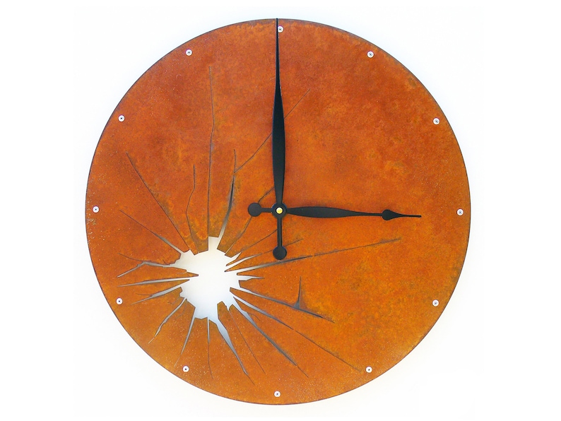 Shattered Metal Wall Clock, Modern Rustic Metal Art, Handmade Unusual Round Circle Clock, Unique Industrial Steampunk Decor, Country Clock image 1