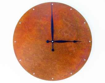 Circle Wall Clock, Minimalist Metal Art, Simple Home Decor Indoor Outdoor Room Clock, Clean Classic Rustic Steel Anniversary, Copper Clock