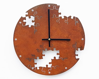 Puzzle IV Steampunk Wall Clock / Escape Room Prop Modern Metal Art / Country Southwestern Rustic Home Decor / Indoor Outdoor Missing Piece