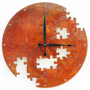 Puzzle V Rustic Wall Clock / Indoor Outdoor Room / Steampunk Metal Art / Southwestern Distressed Farmhouse Country Home Decor / Custom Steel image 1