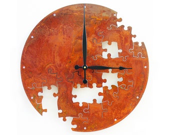 Puzzle V Rustic Wall Clock / Indoor Outdoor Room / Steampunk Metal Art / Southwestern Distressed Farmhouse Country Home Decor / Custom Steel