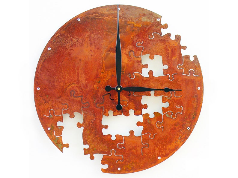 Puzzle V Rustic Wall Clock / Indoor Outdoor Room / Steampunk Metal Art / Southwestern Distressed Farmhouse Country Home Decor / Custom Steel image 1