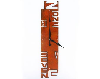Handcrafted Modern Industrial Wall Clock | Vertical Rust Finish Design with Cut-Out Numbers | Unique Home Décor | Outnumbered VII