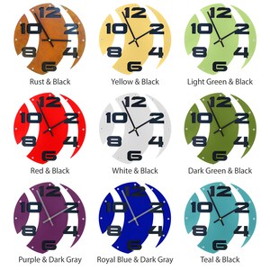 May include: Nine different colored wall clocks with black numbers and hands. The clocks have a unique design with a wave pattern on the face. The colors are rust, yellow, light green, red, white, dark green, purple, royal blue, and teal.