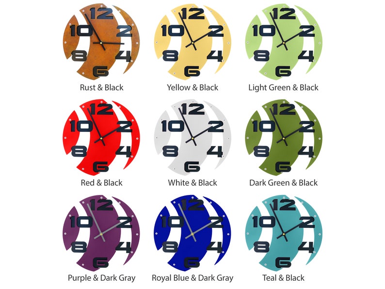 May include: Nine different colored wall clocks with black numbers and hands. The clocks have a unique design with a wave pattern on the face. The colors are rust, yellow, light green, red, white, dark green, purple, royal blue, and teal.