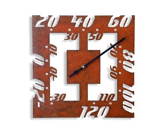 Rustic Outdoor Thermometer – Weathered Steel Square Wall Art for Farmhouse Decor – Industrial Metal Patio Temperature Gauge – Radial II