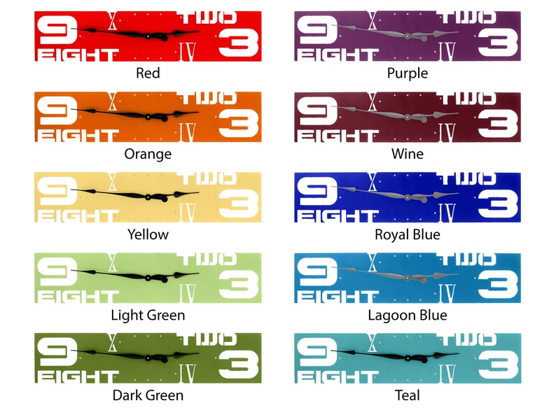 May include: A set of nine clocks with different colored backgrounds. The clocks all feature the same design with the numbers 9, 3, and the words "FIGHT" and "TWO" on the face. The colors of the clocks are red, orange, yellow, light green, dark green, purple, wine, royal blue, lagoon blue, and teal.