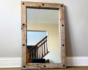 Handcrafted Distressed Wood Wall Mirror with Decorative Nails