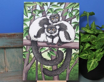 Schwarz + weiß Rüschen Lemuren Illustration A4 Druck